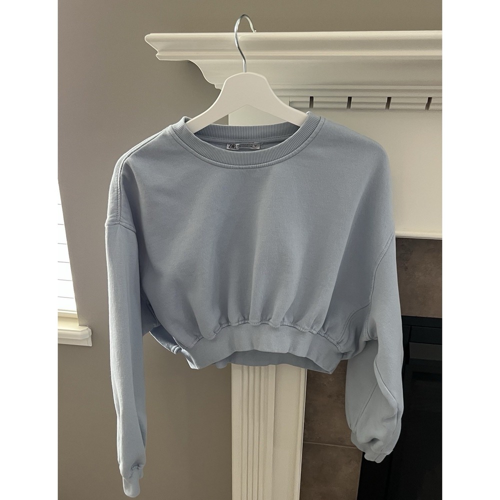 Zara BASIC CROP SWEATSHIRT Women's Top Light Blue Size M